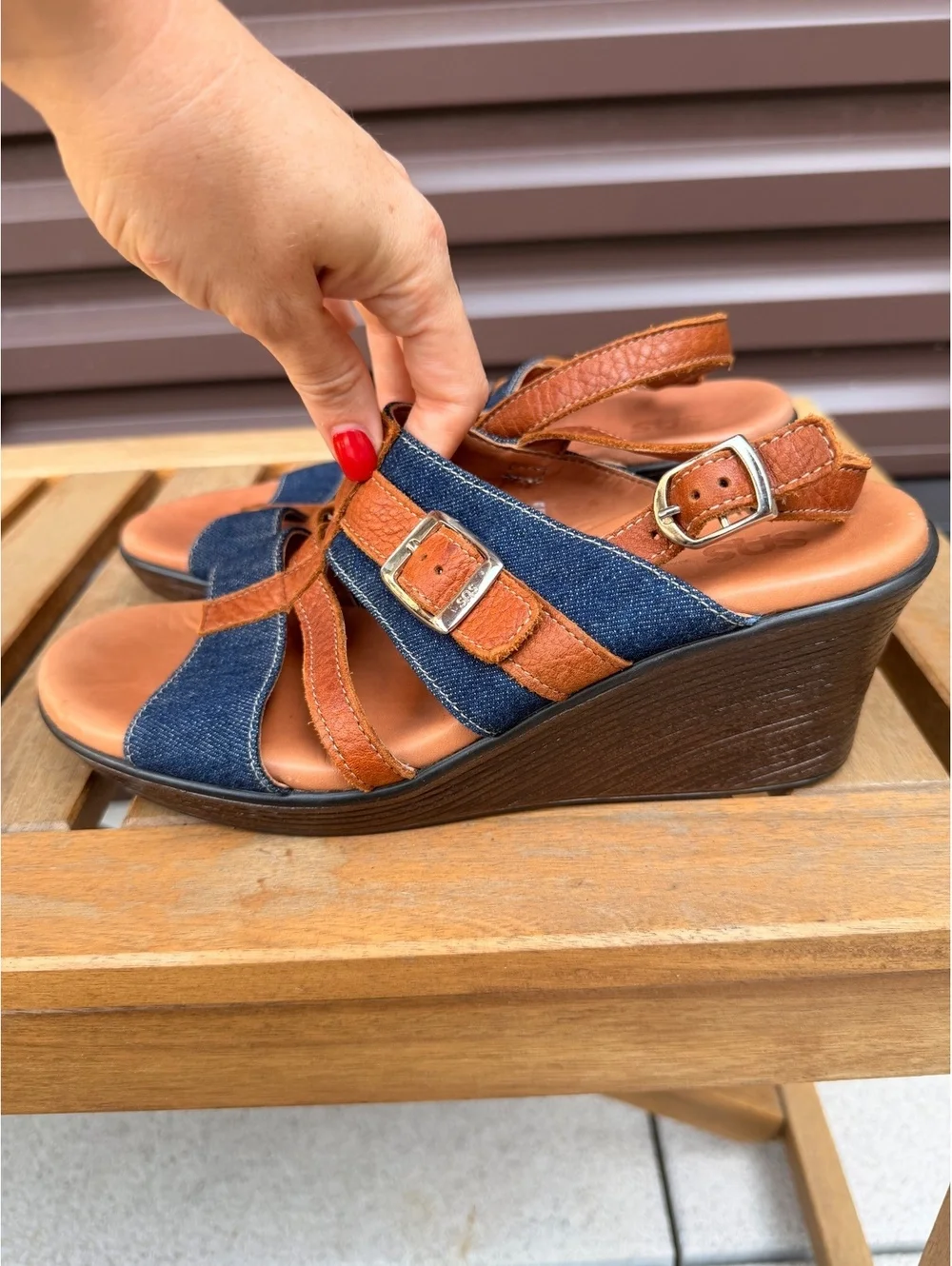 SAS Layla T-Strap Wedge Sandal Blue Jean and Brown Leather Size 9M